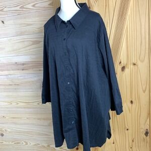 Ulla Popken Button Down Women 32/34 Blue Crinkle Tunic Oversized Long Sleeve Top